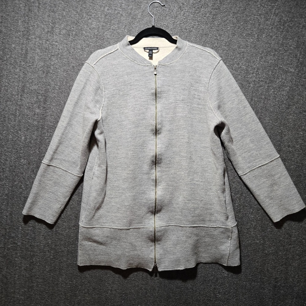 Eileen Fisher Boiled Merino Wool Heather Gray Zip Front Knit Mid Length Jacket M